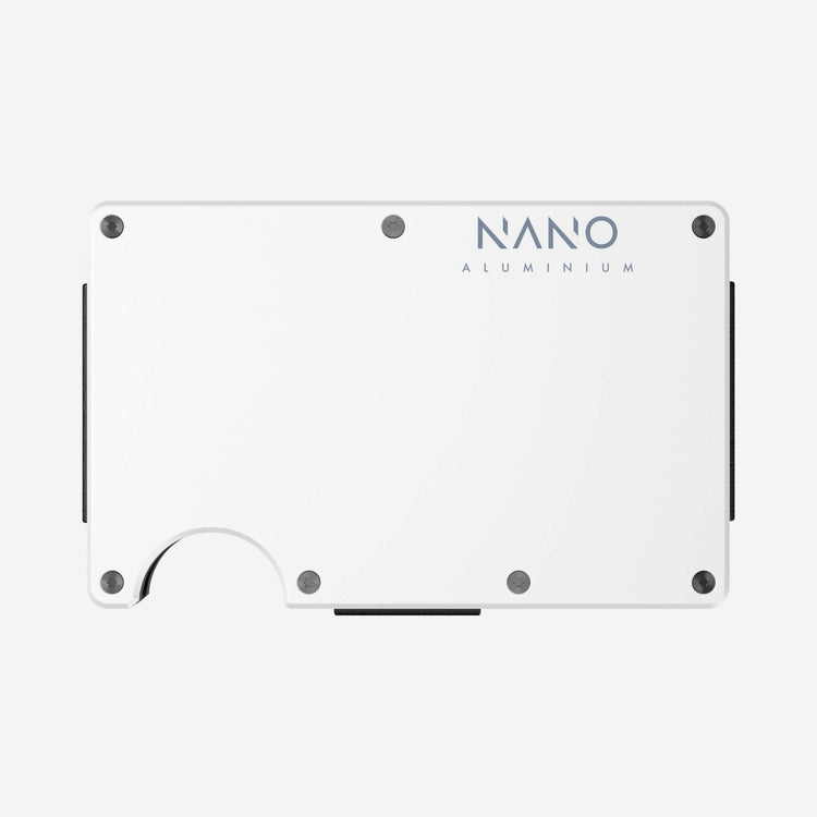 NANO Carrera White aerospace aluminium cash strap wallet — front view