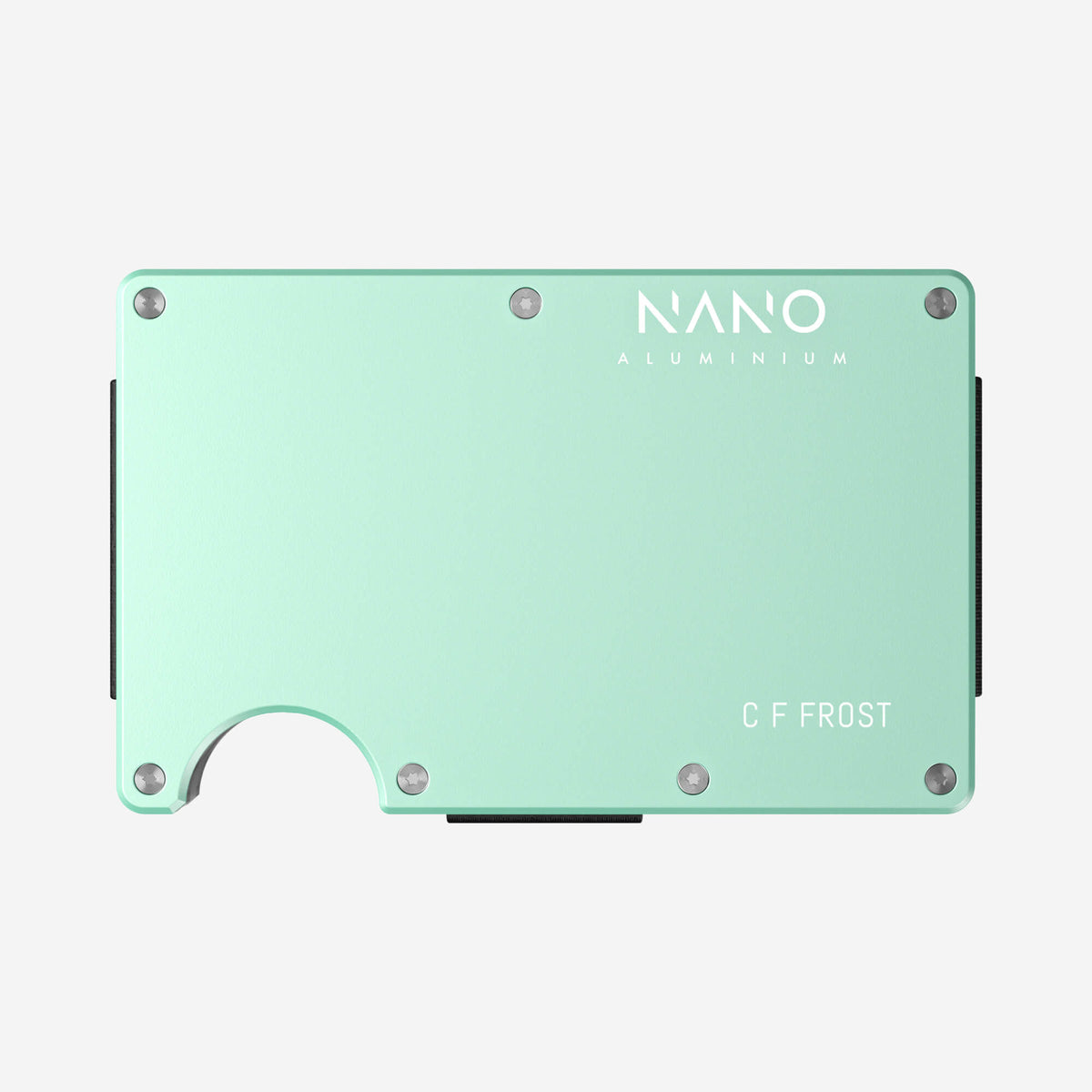 NANO CHIC Orchard Mint aerospace aluminium AirTag cash strap wallet — example NANO ID engraving