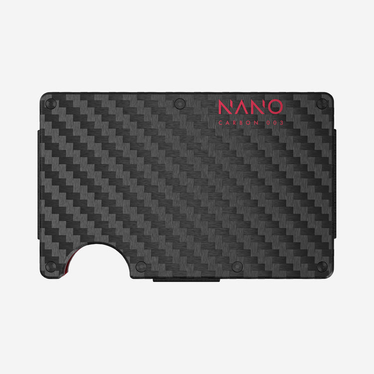 NANO Carbon 003 Stealth Black/Volcano Red 3K carbon fibre cash strap wallet — front view