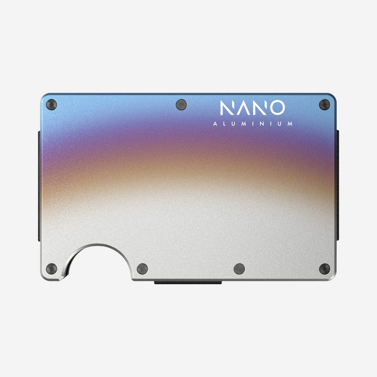 NANO Flame Burnt aerospace aluminium cash strap wallet — front view