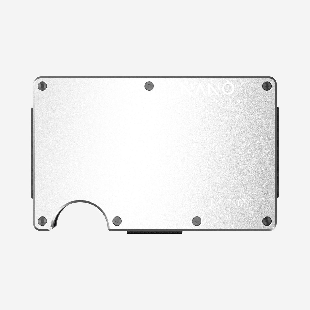 NANO Ghost Silver aerospace aluminium AirTag money clip wallet — example NANO ID engraving