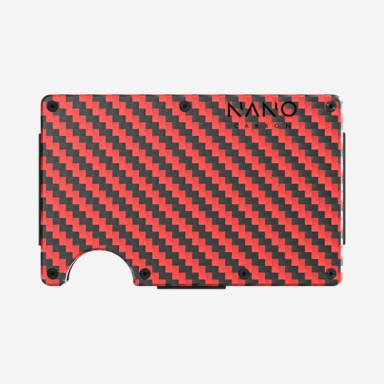 NANO Diablo Red/Stealth Black 3K carbon fibre cash strap wallet — front view