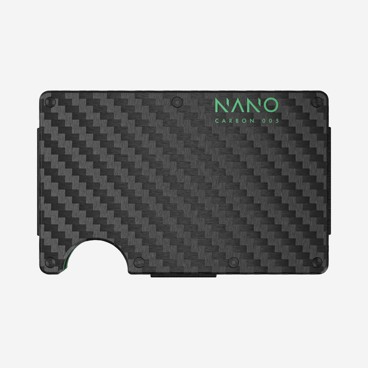 NANO Carbon 005 Stealth Black/Viper Green 3K carbon fibre cash strap wallet — front view