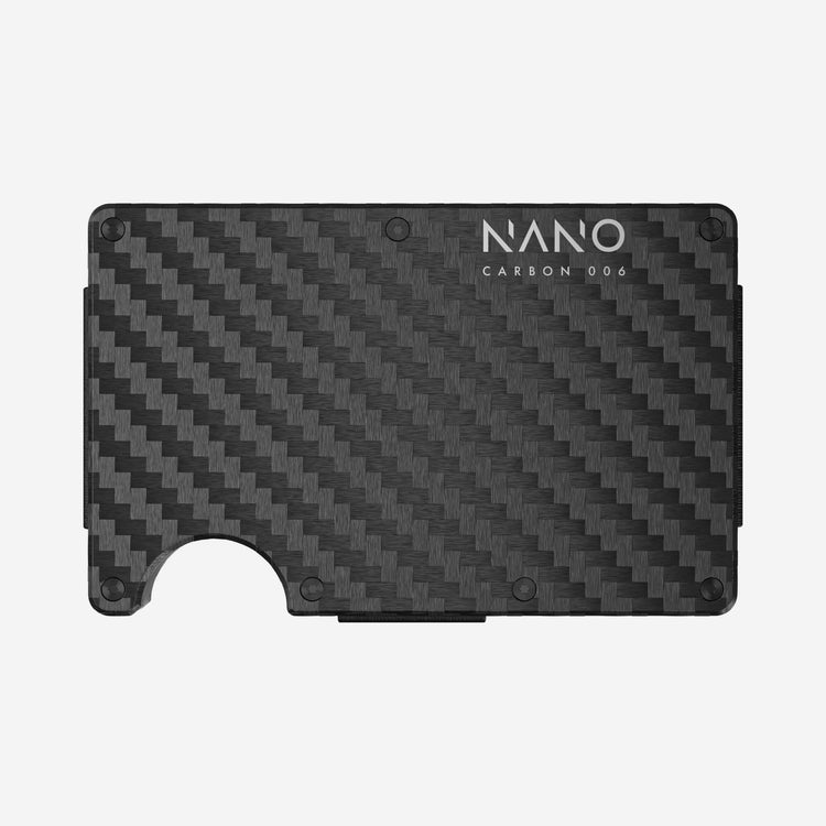 NANO Carbon 006 Stealth Black/Ghost Silver 3K carbon fibre cash strap wallet — front view
