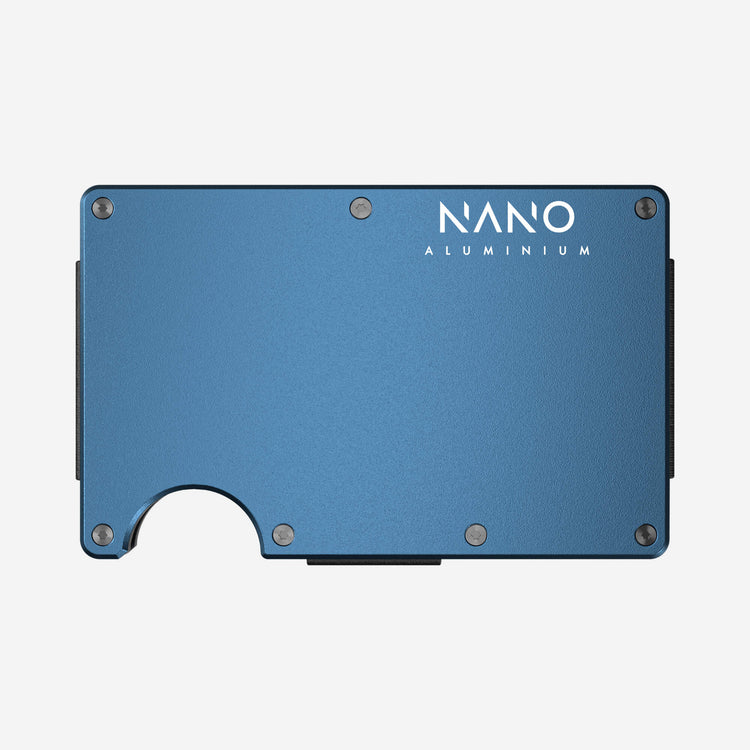 NANO Riviera Navy aerospace aluminium cash strap wallet — front view