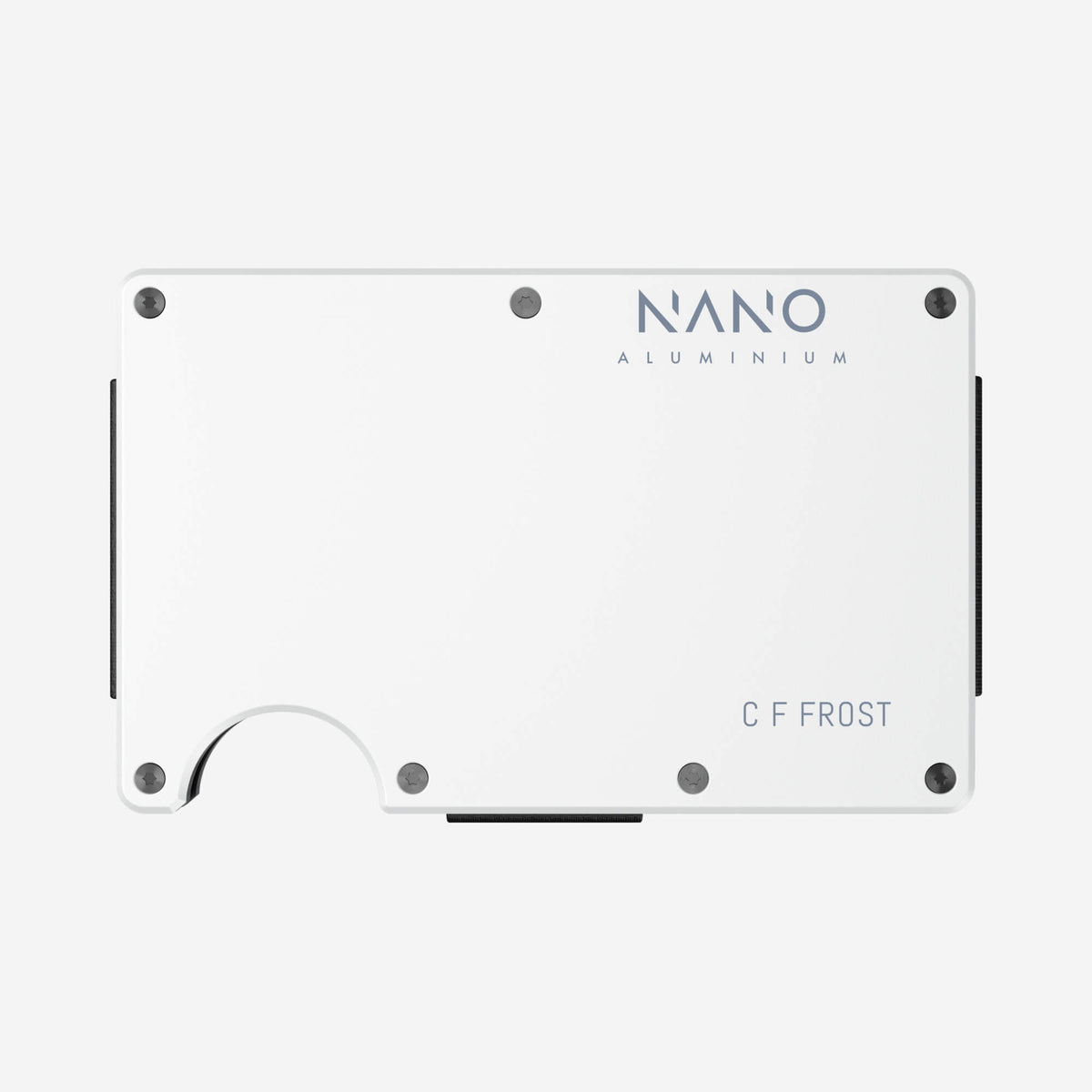 NANO Carrera White aerospace aluminium cash strap wallet — example NANO ID engraving