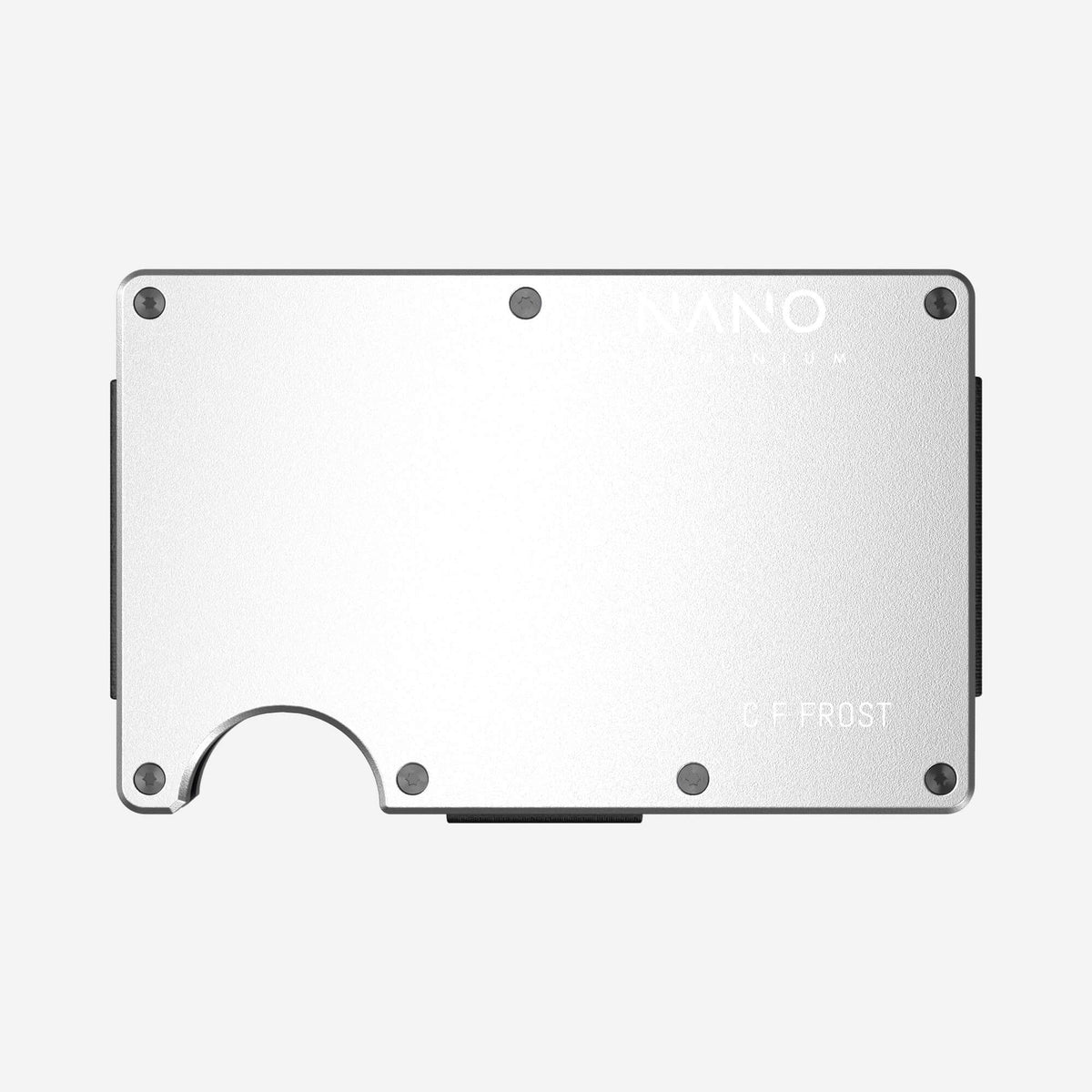 NANO Ghost Silver aerospace aluminium AirTag cash strap wallet — example NANO ID engraving