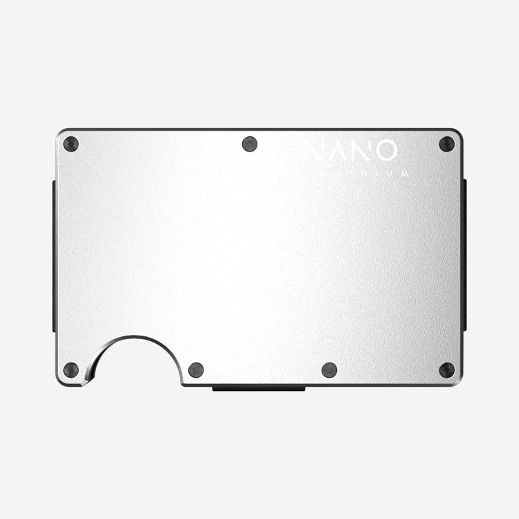 NANO Ghost Silver aerospace aluminium cash strap wallet — front view