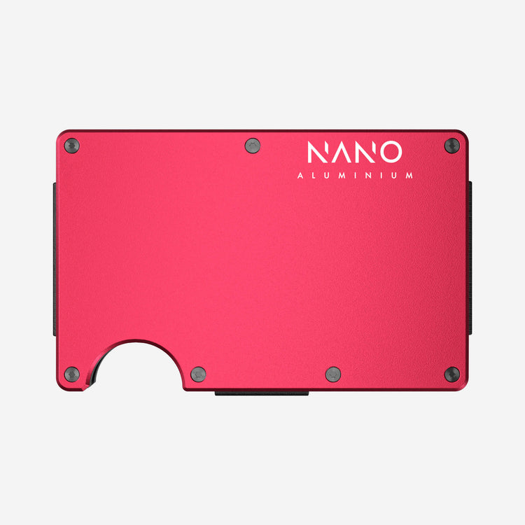 NANO Volcano Red aerospace aluminium cash strap wallet — front view