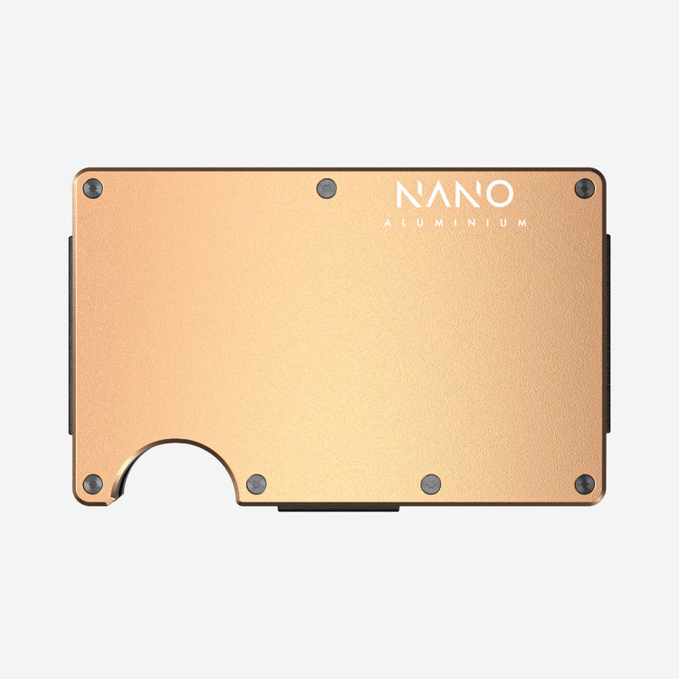 NANO Spectre Gold aerospace aluminium cash strap wallet — front view