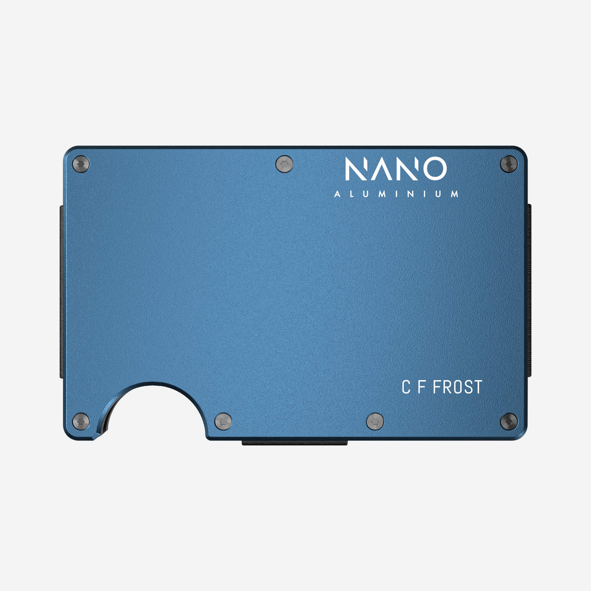 NANO Riviera Navy aerospace aluminium AirTag money clip wallet — example NANO ID engraving