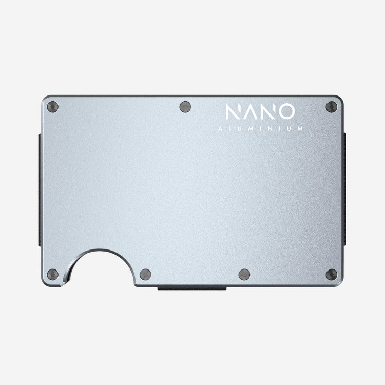 NANO Spyder Grey aerospace aluminium cash strap wallet — front view