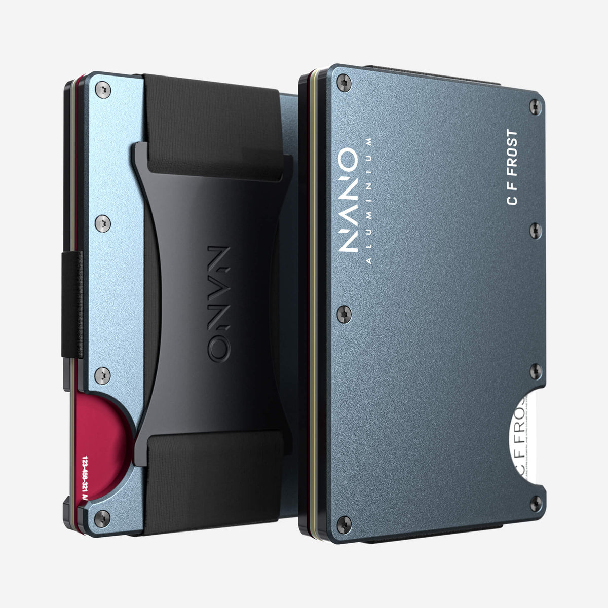 NANO Forza Grey aerospace aluminium cash strap wallet — front and rear views side by side
