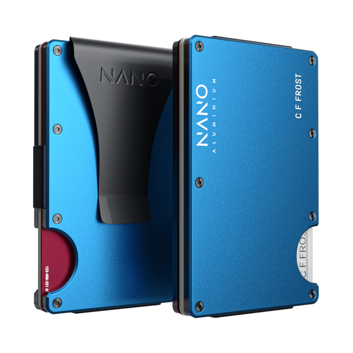 NANO Velocity Blue aerospace aluminium money clip wallet — front and rear views side by side