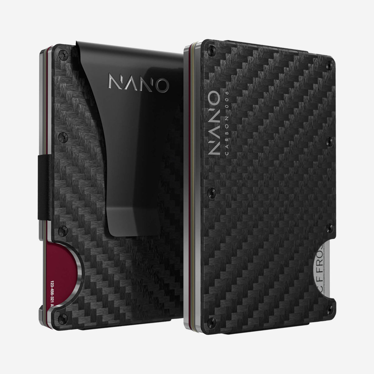 NANO Carbon 006 Stealth Black/Ghost Silver 3K carbon fibre money clip wallet — front and rear views side by side