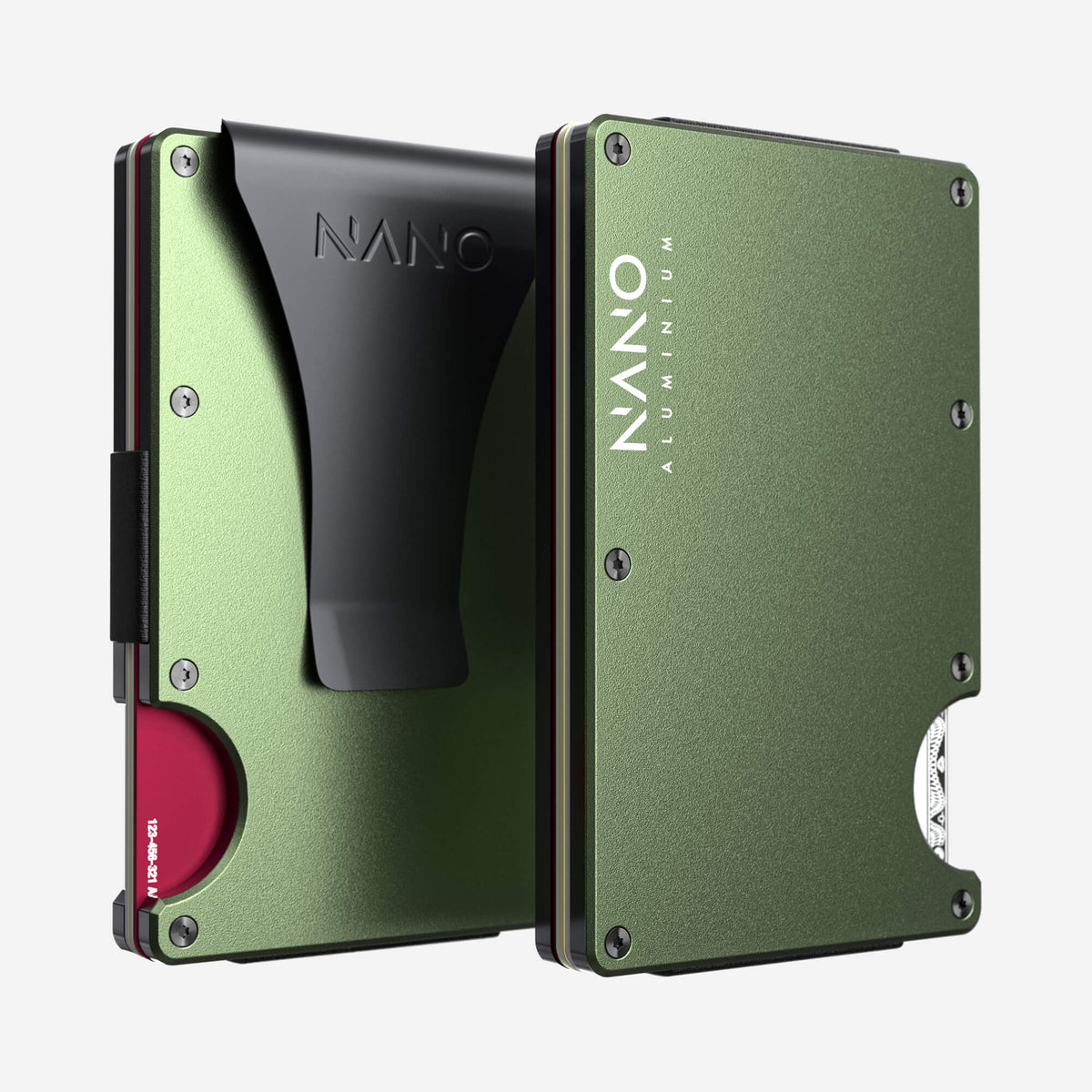 NANO Heritage Green aerospace aluminium money clip wallet — front and rear views side by side