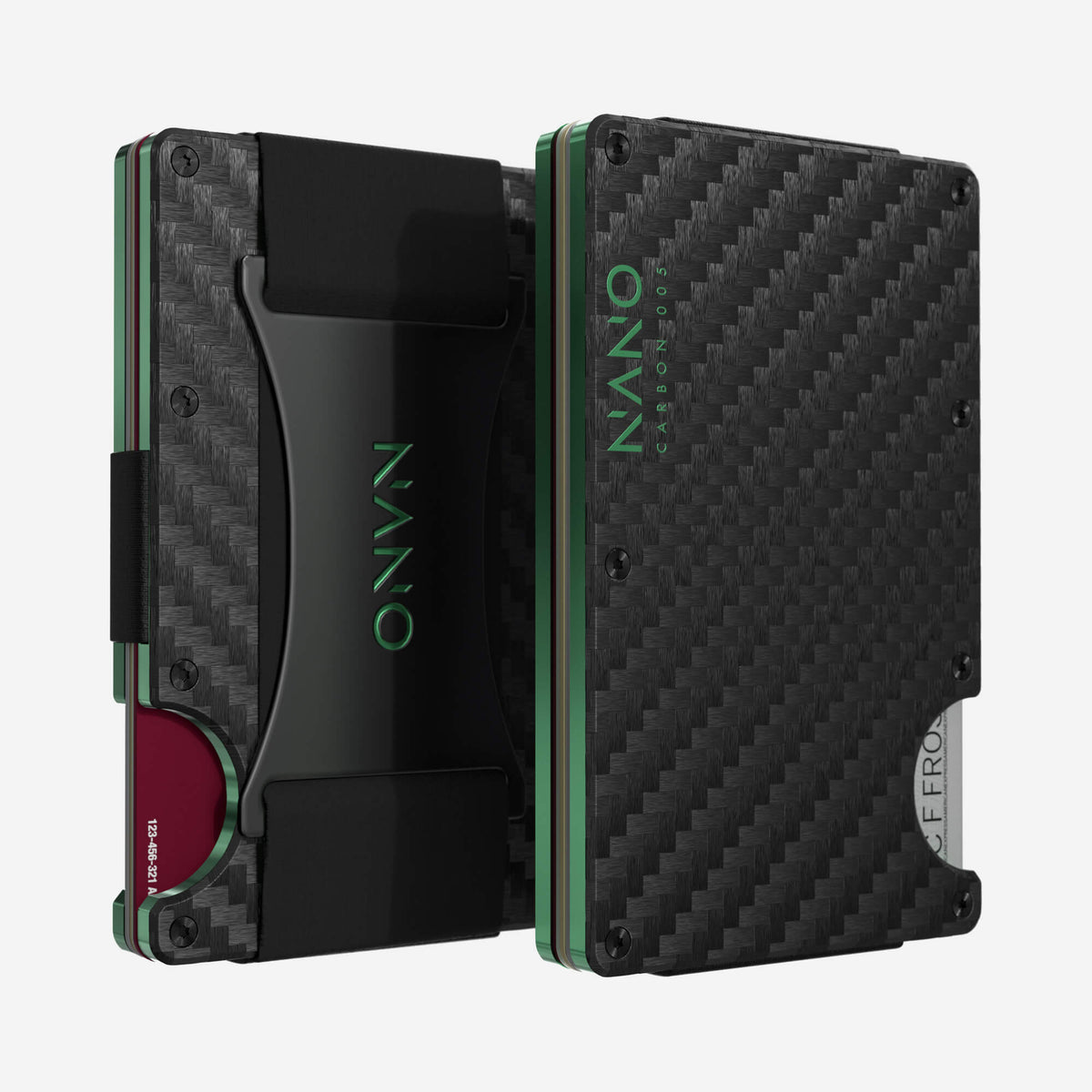 NANO Carbon 005 Stealth Black/Viper Green 3K carbon fibre cash strap wallet — front and rear views side by side