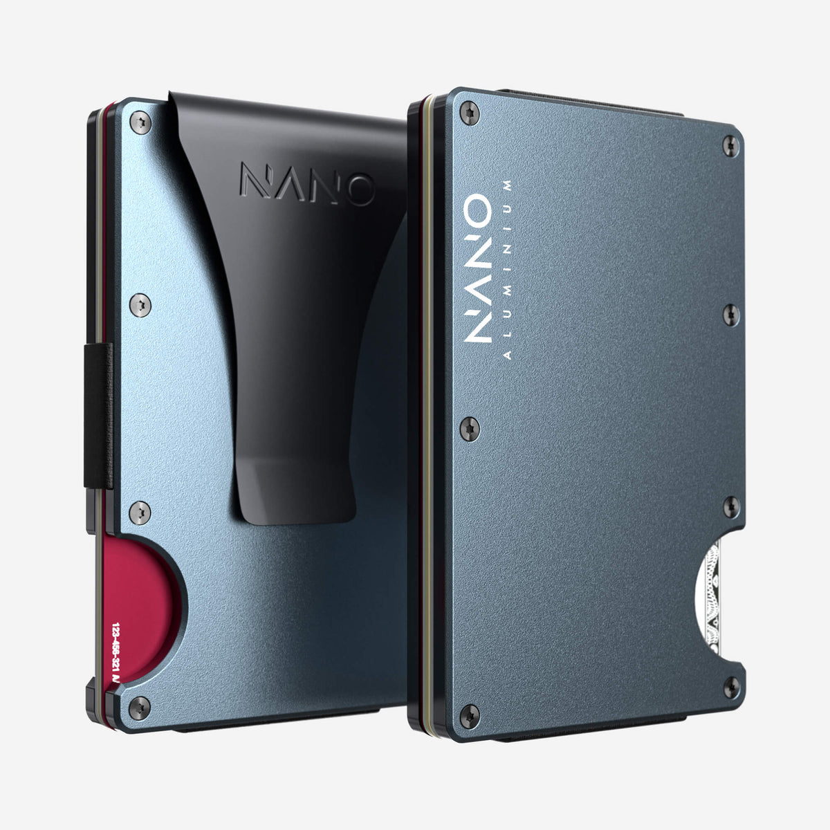 NANO Forza Grey aerospace aluminium money clip wallet — front and rear views side by side
