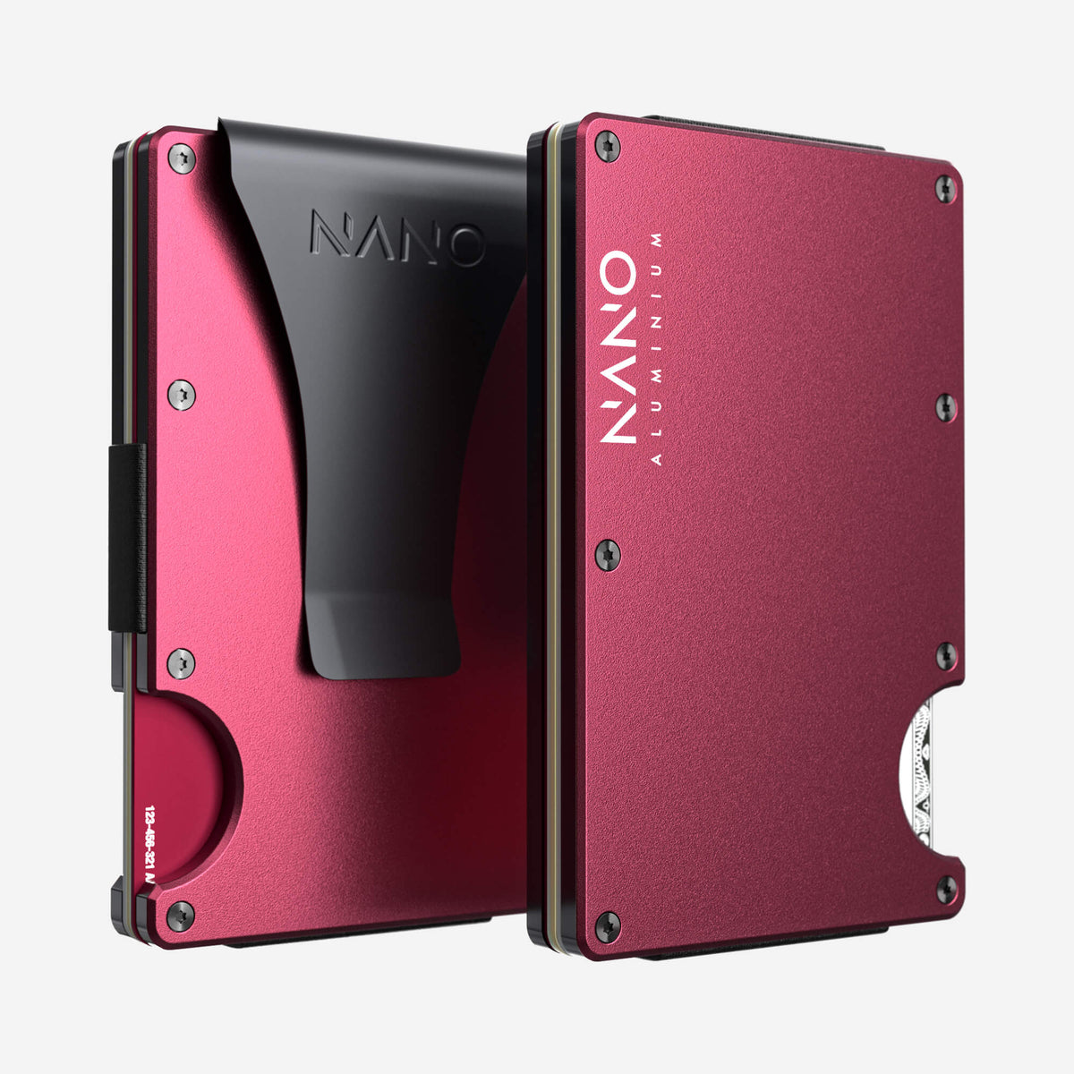 NANO Portofino Red aerospace aluminium money clip wallet — front and rear views side by side