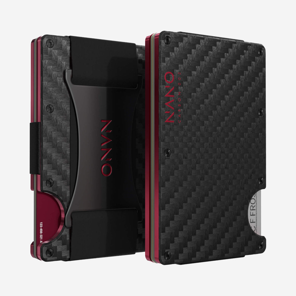 NANO Carbon 003 Stealth Black/Volcano Red 3K carbon fibre cash strap wallet — front and rear views side by side