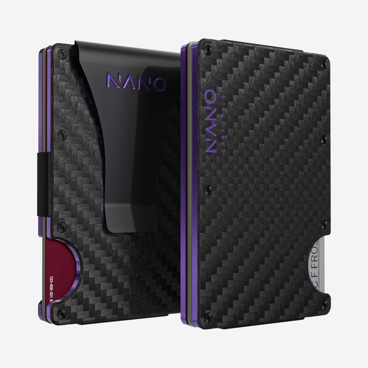 NANO Carbon 001 Stealth Black/Nebula Purple 3K carbon fibre money clip wallet — front and rear views side by side