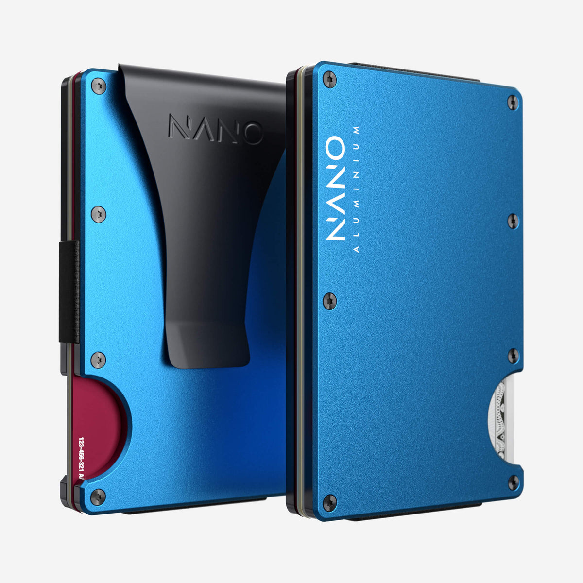 NANO Velocity Blue aerospace aluminium money clip wallet — front and rear views side by side
