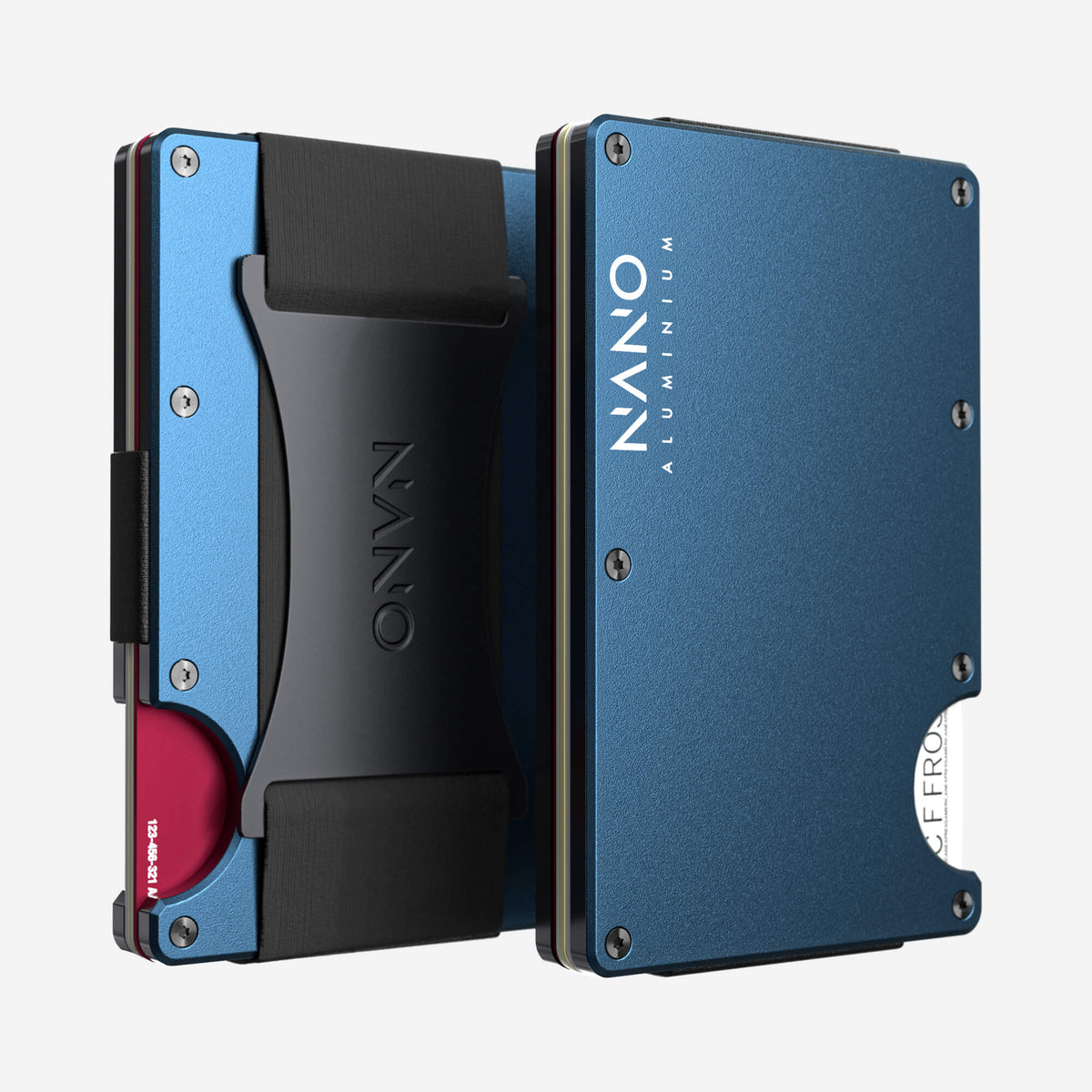 NANO Riviera Navy aerospace aluminium cash strap wallet — front and rear views side by side