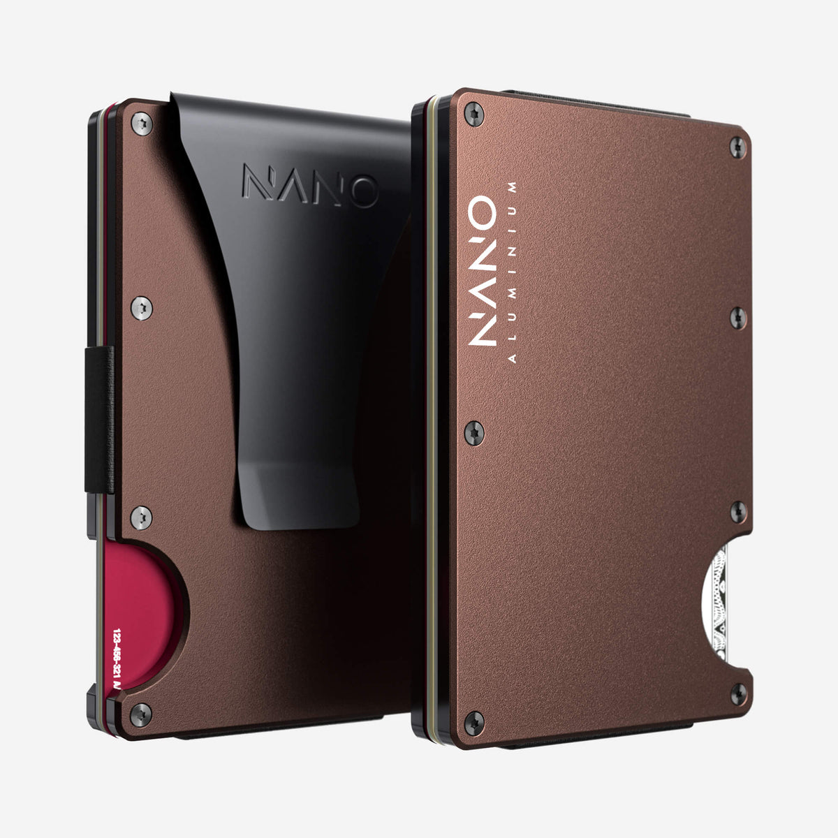 NANO Sonic Copper aerospace aluminium money clip wallet — front and rear views side by side