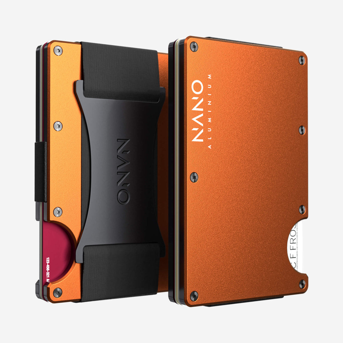 NANO Ventura Orange aerospace aluminium cash strap wallet — front and rear views side by side