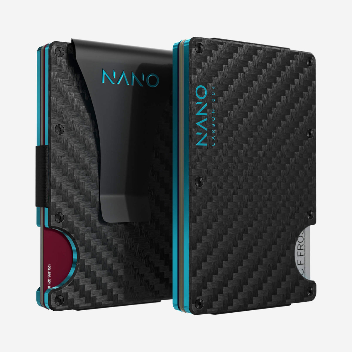 NANO Carbon 004 Stealth Black/Miami Blue 3K carbon fibre money clip wallet — front and rear views side by side