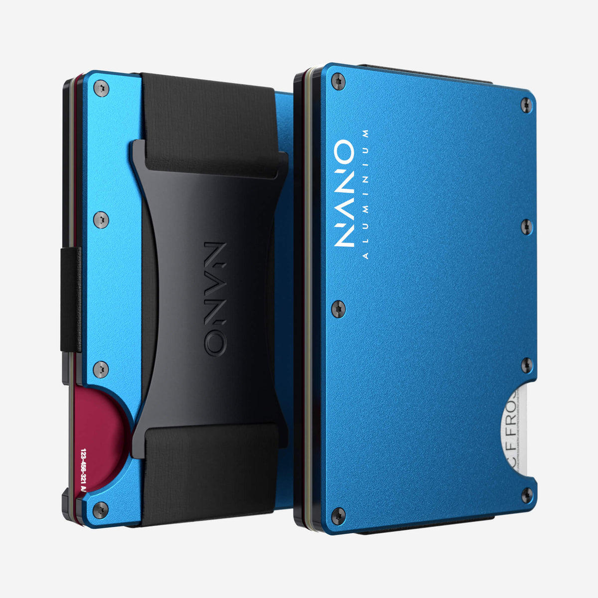 NANO Velocity Blue aerospace aluminium cash strap wallet — front and rear views side by side