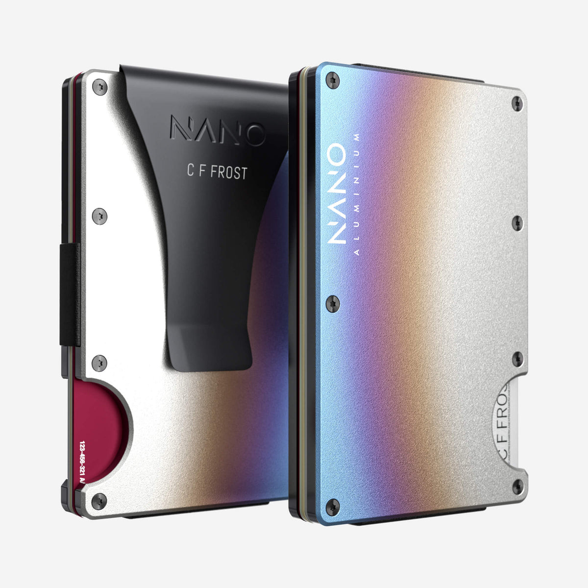 NANO Flame Burnt aerospace aluminium money clip wallet — front and rear views side by side