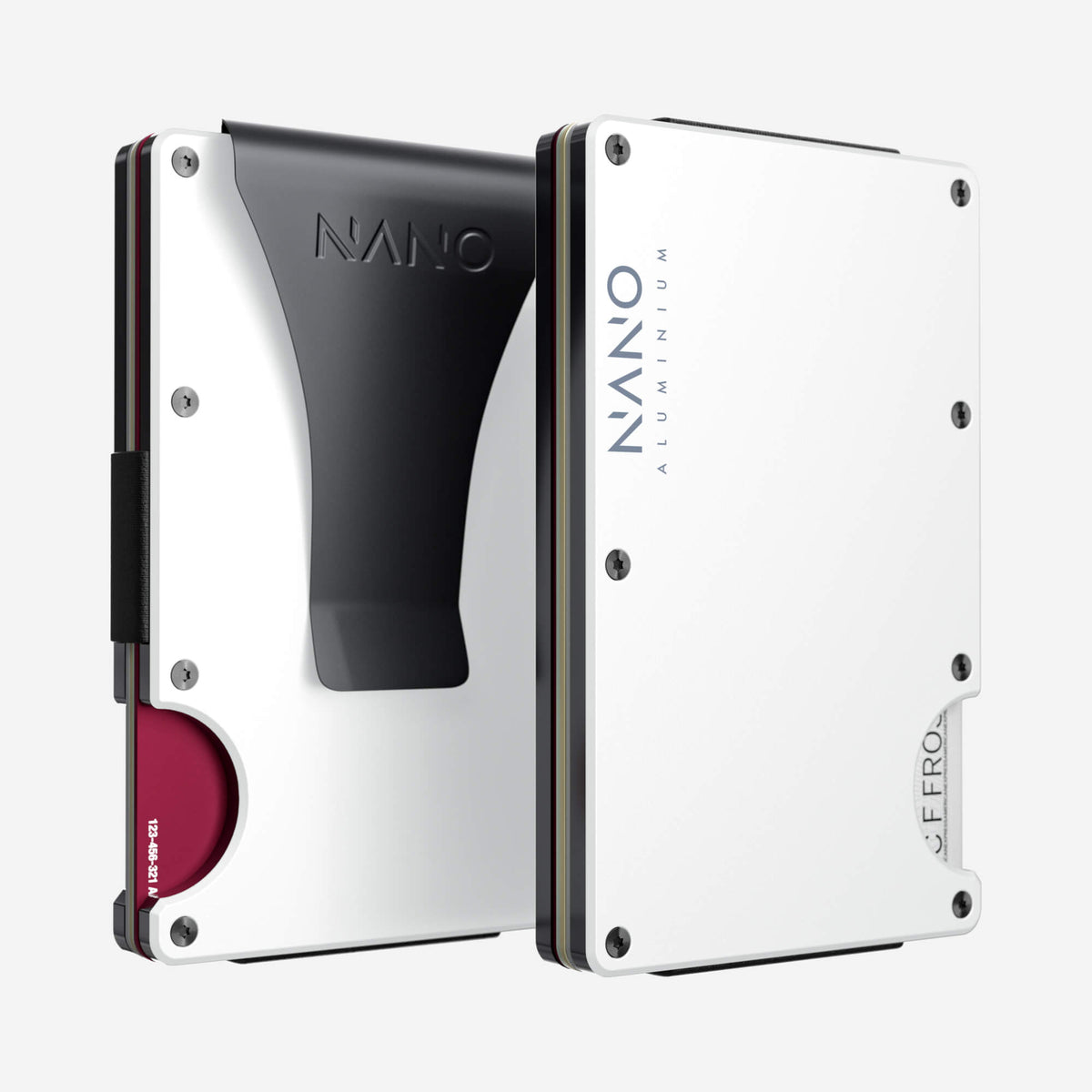 NANO Carrera White aerospace aluminium money clip wallet — front and rear views side by side