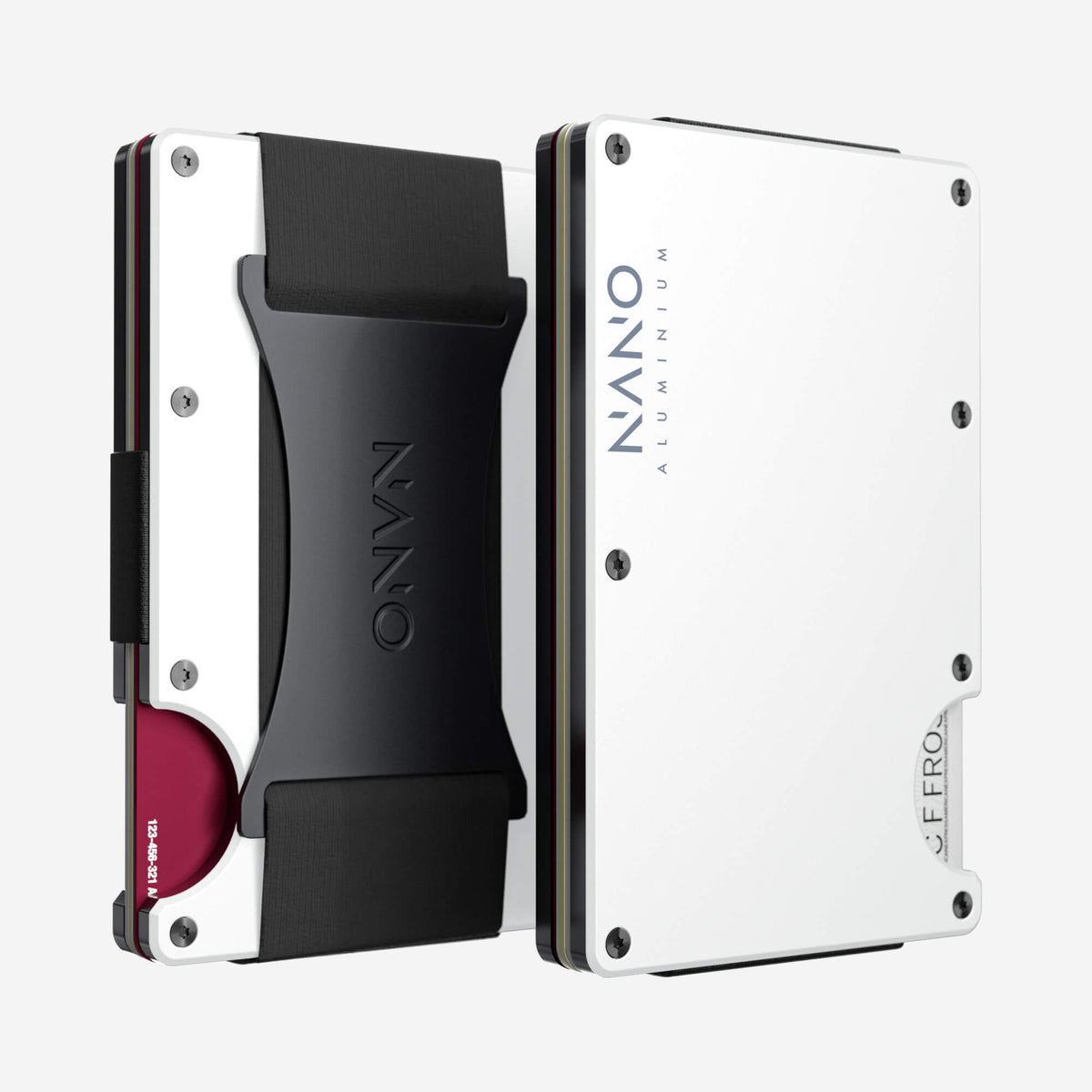 Front and back view of the NANO™ Aluminium Cash Strap Wallet in Carrera White