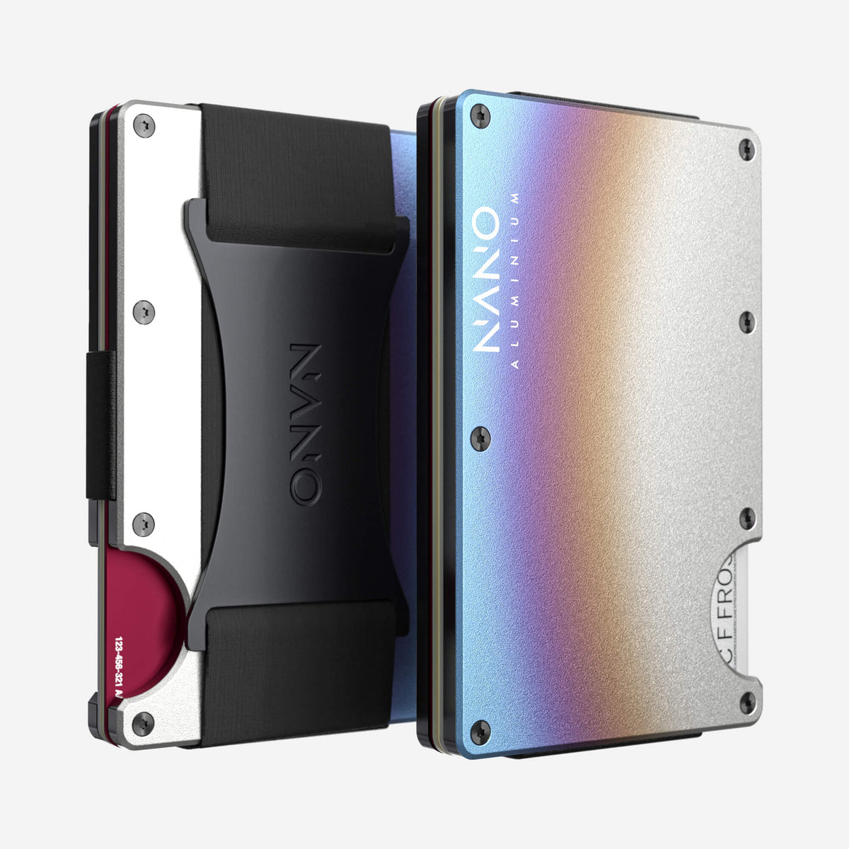 NANO Flame Burnt aerospace aluminium cash strap wallet — front and rear views side by side