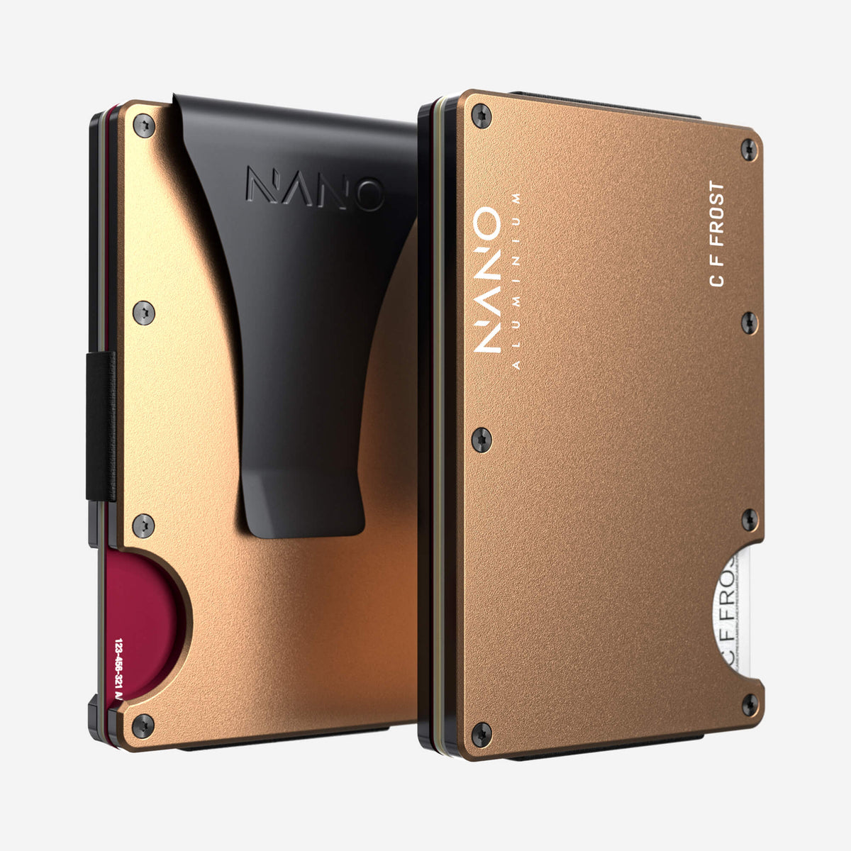 NANO Spectre Gold aerospace aluminium money clip wallet — front and rear views side by side