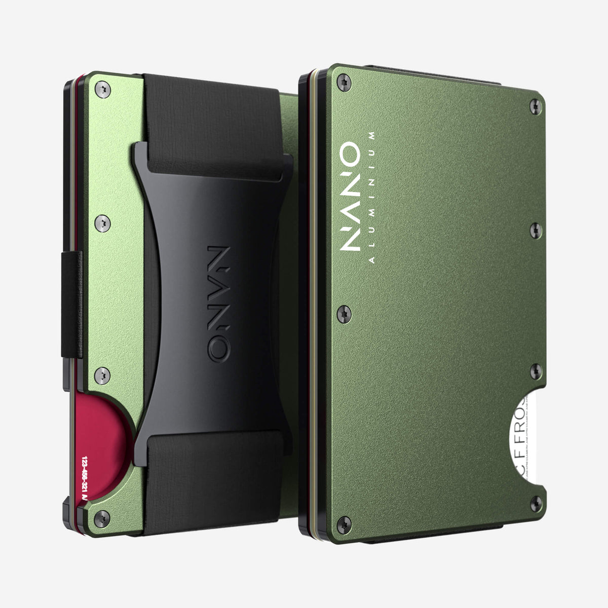 NANO Heritage Green aerospace aluminium cash strap wallet — front and rear views side by side