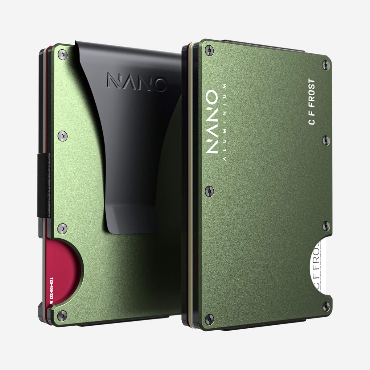 NANO Heritage Green aerospace aluminium money clip wallet — front and rear views side by side