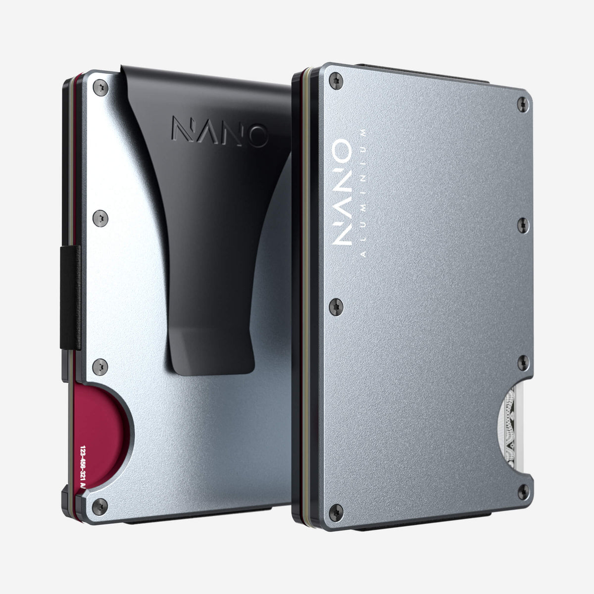 NANO Spyder Grey aerospace aluminium money clip wallet — front and rear views side by side