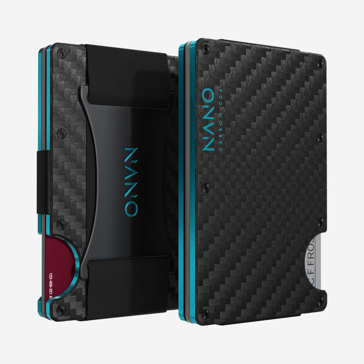 NANO Carbon 004 Stealth Black/Miami Blue 3K carbon fibre cash strap wallet — front and rear views side by side