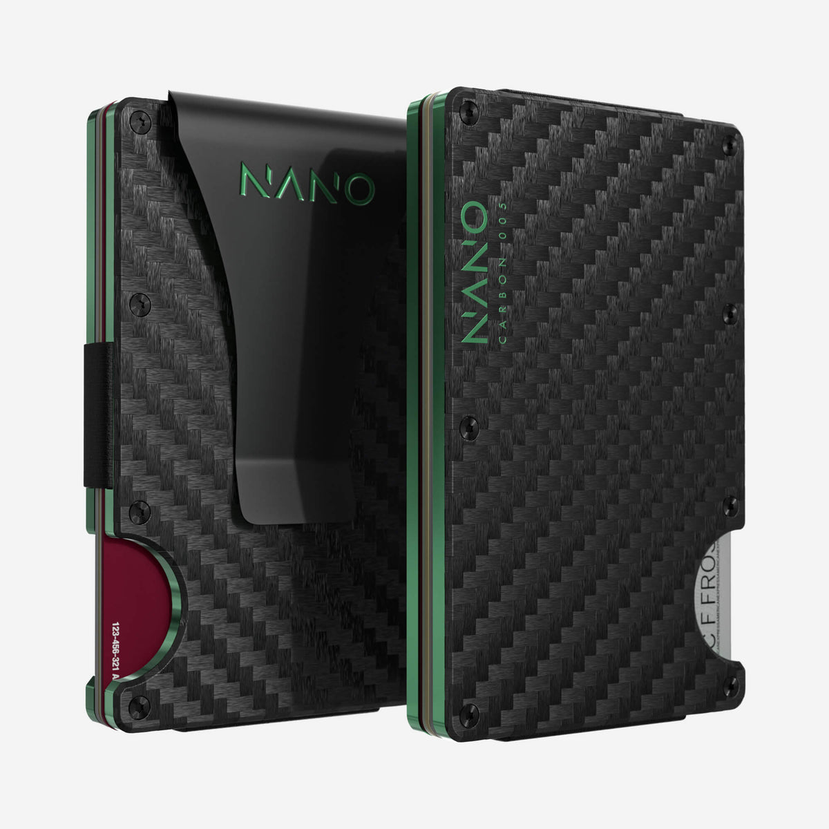 NANO Carbon 005 Stealth Black/Viper Green 3K carbon fibre money clip wallet — front and rear views side by side