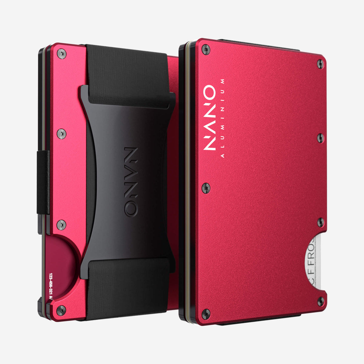 NANO Volcano Red aerospace aluminium cash strap wallet — front and rear views side by side