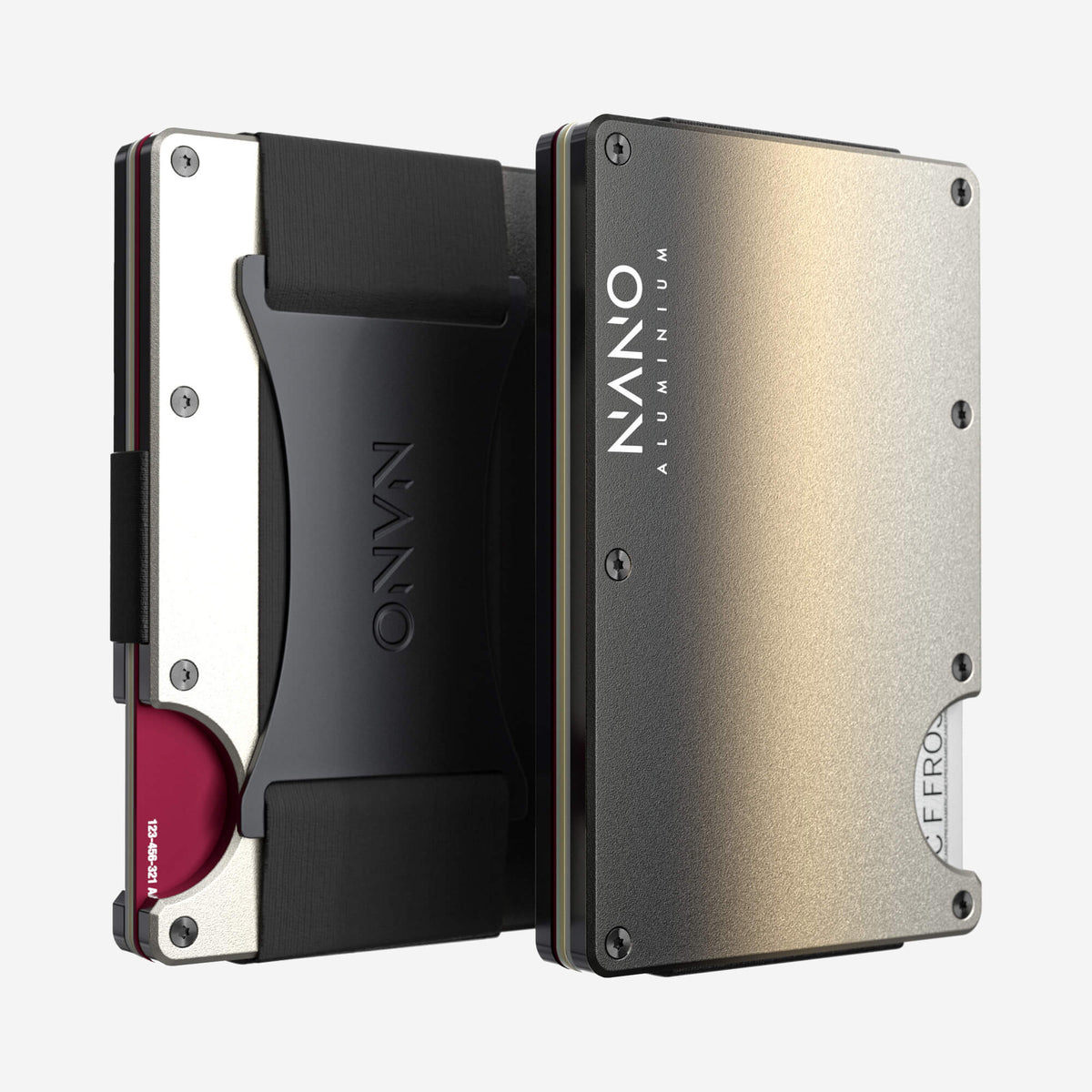 NANO Onyx Eclipse aerospace aluminium cash strap wallet — front and rear views side by side
