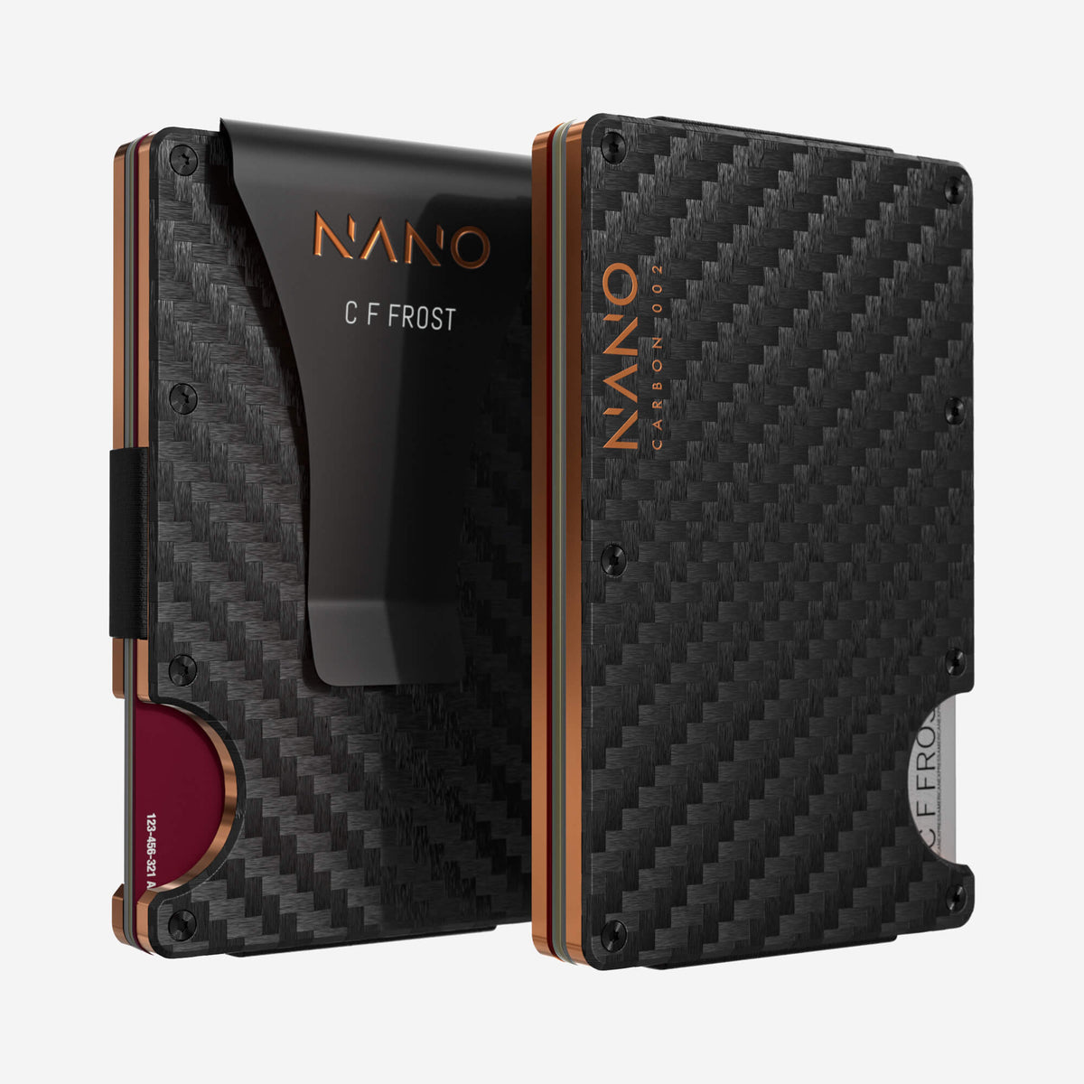NANO Carbon 002 Stealth Black/Ventura Orange 3K carbon fibre money clip wallet — front and rear views side by side