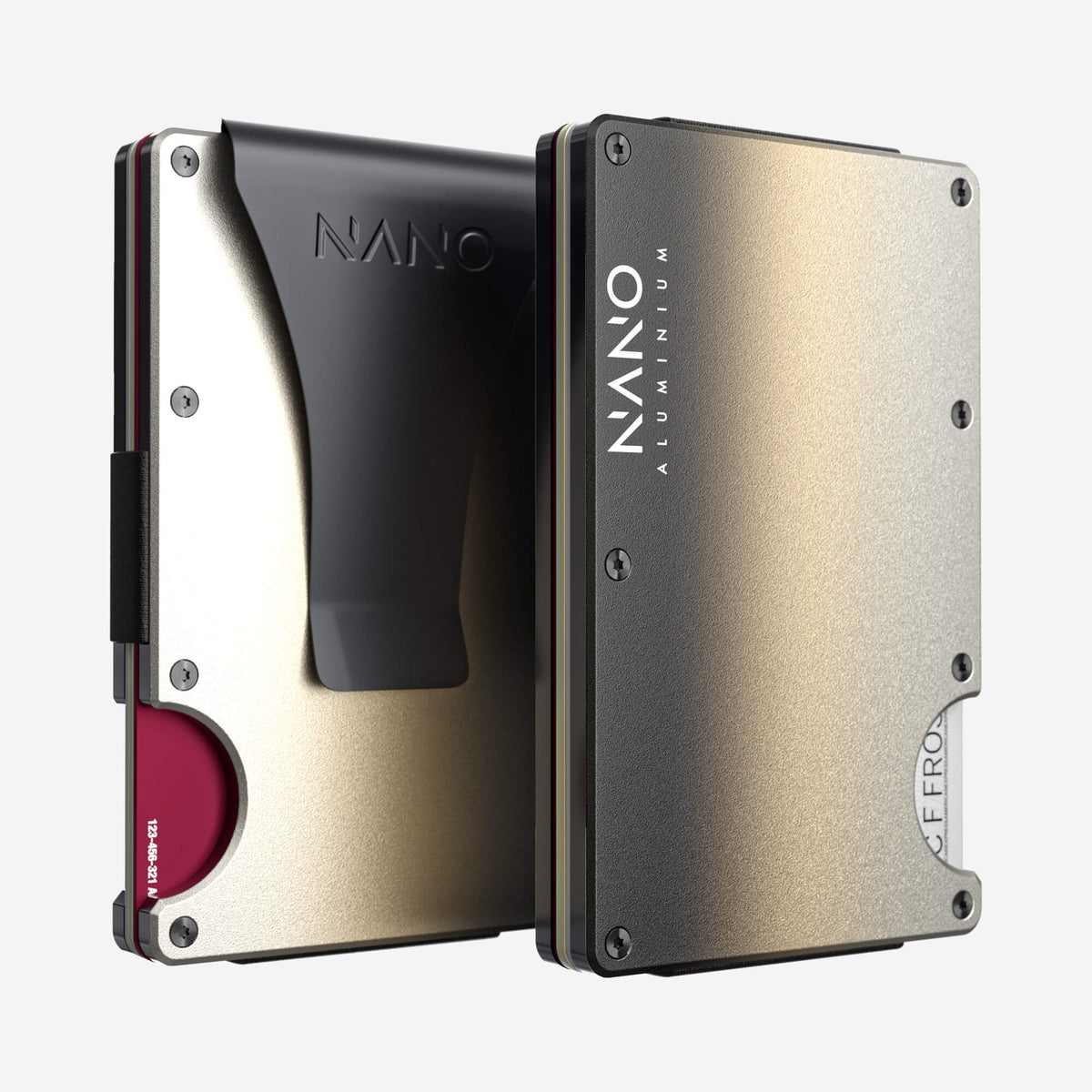NANO Onyx Eclipse aerospace aluminium money clip wallet — front and rear views side by side