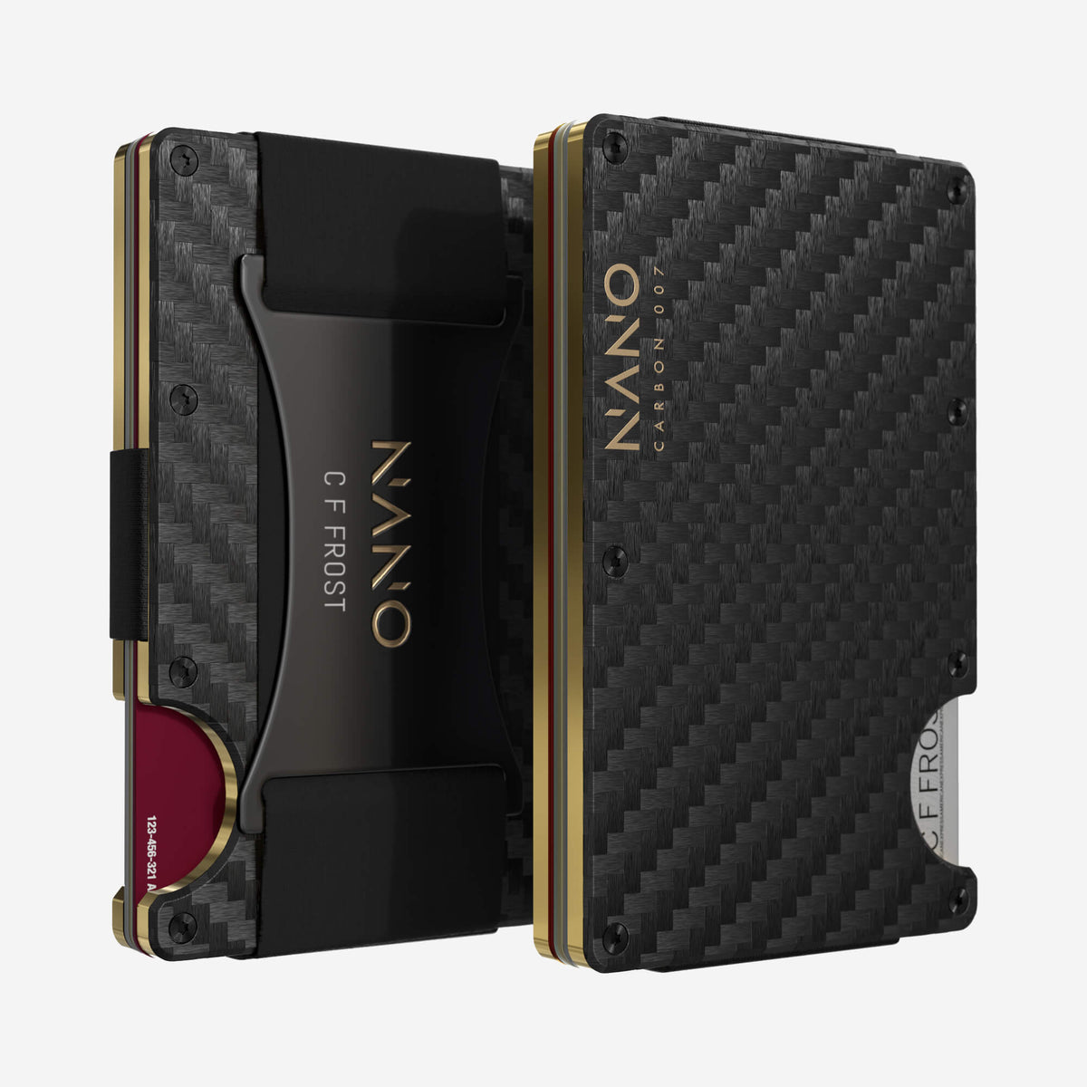 NANO Carbon 007 Stealth Black/Spectre Gold 3K carbon fibre cash strap wallet — front and rear views side by side