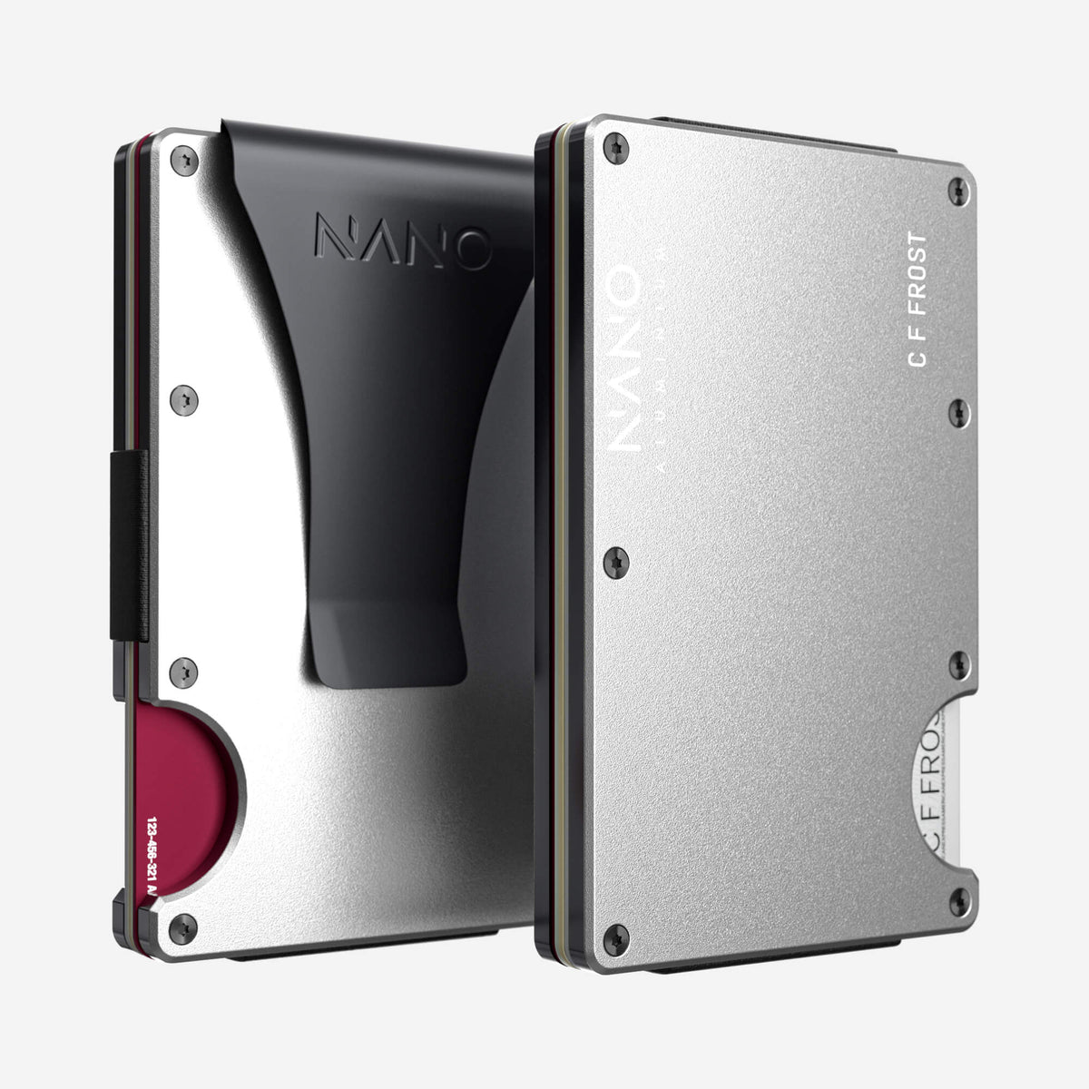 NANO Ghost Silver aerospace aluminium money clip wallet — front and rear views side by side