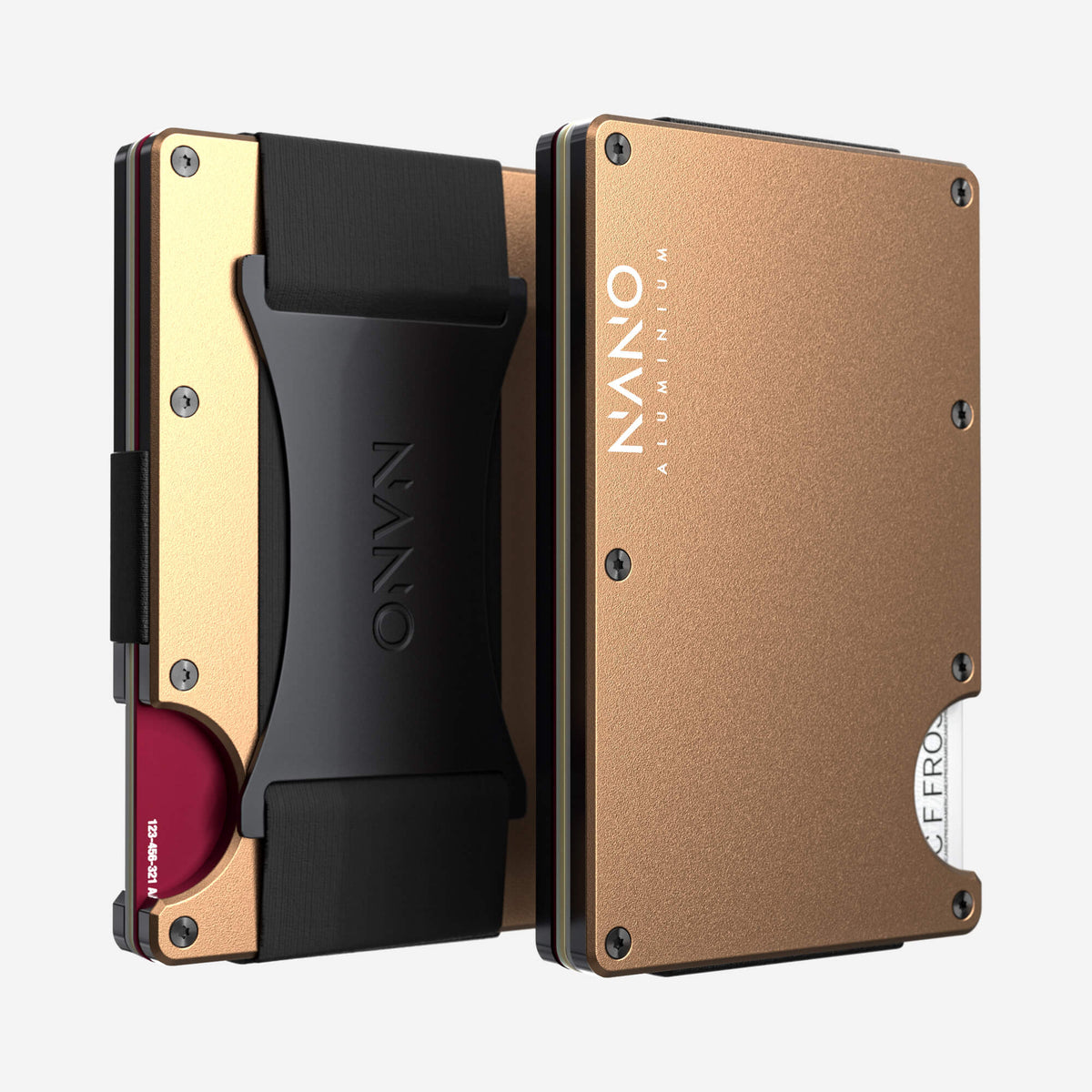 NANO Spectre Gold aerospace aluminium cash strap wallet — front and rear views side by side