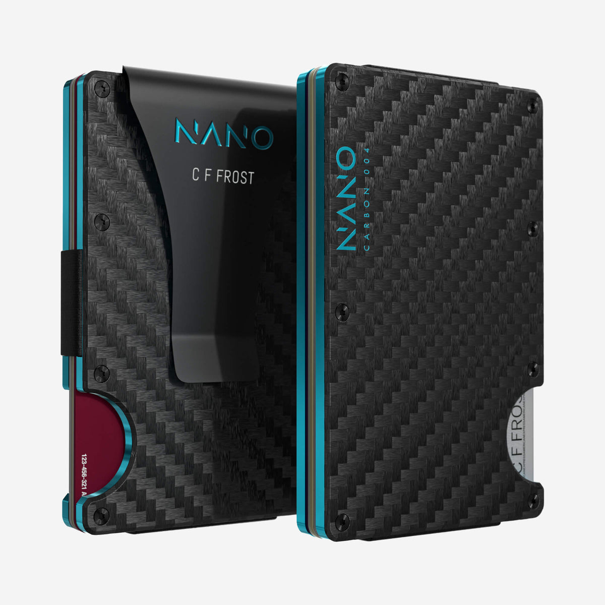 NANO Carbon 004 Stealth Black/Miami Blue 3K carbon fibre money clip wallet — front and rear views side by side