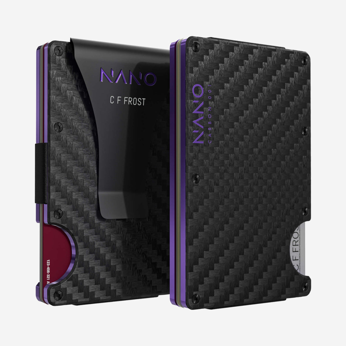 NANO Carbon 001 Stealth Black/Nebula Purple 3K carbon fibre money clip wallet — front and rear views side by side